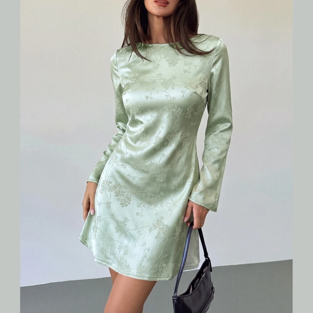 Pale Mint Green Floral Jacquard Satin Long Sleeve Mini Dress